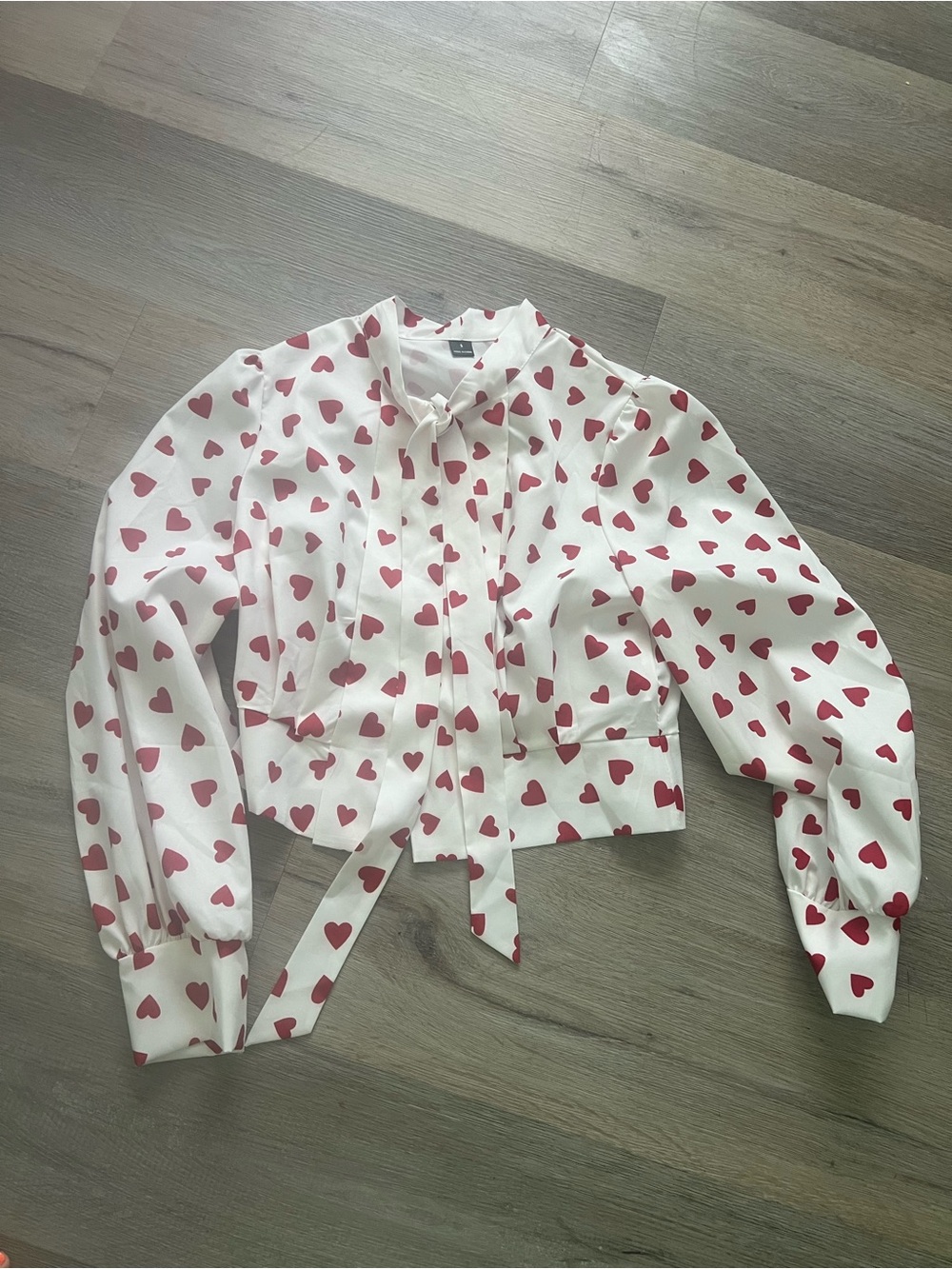 WSHEIN White Blouse with Red Heart Print and Tie Neck Bow